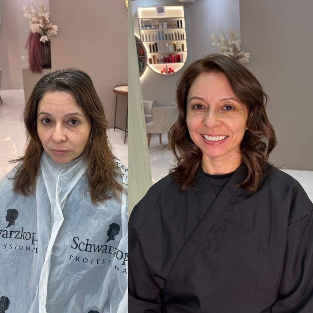 Cliente antes e depois: cor renovada e corte com movimento
