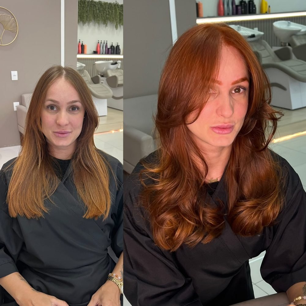 Cliente antes e depois: ruivo acobreado com brilho e movimento